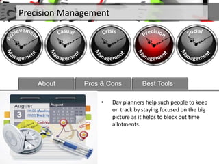 Precision Management
About Pros & Cons Best Tools
• Day planners help such people to keep
on track by staying focused on the big
picture as it helps to block out time
allotments.
 