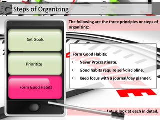 Steps of Organizing
The following are the three principles or steps of
organizing:
Prioritize
Set Goals
Form Good HabitsForm Good Habits
Form Good Habits:
• Never Procrastinate.
• Good habits require self-discipline.
• Keep focus with a journal/day planner.
Let us look at each in detail.
 