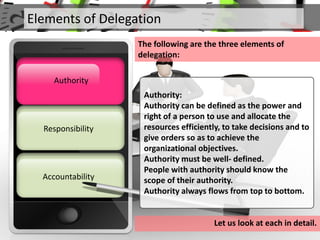 Elements of Delegation
The following are the three elements of
delegation:
Responsibility
Authority
Accountability
Authority
Authority:
Authority can be defined as the power and
right of a person to use and allocate the
resources efficiently, to take decisions and to
give orders so as to achieve the
organizational objectives.
Authority must be well- defined.
People with authority should know the
scope of their authority.
Authority always flows from top to bottom.
Let us look at each in detail.
 