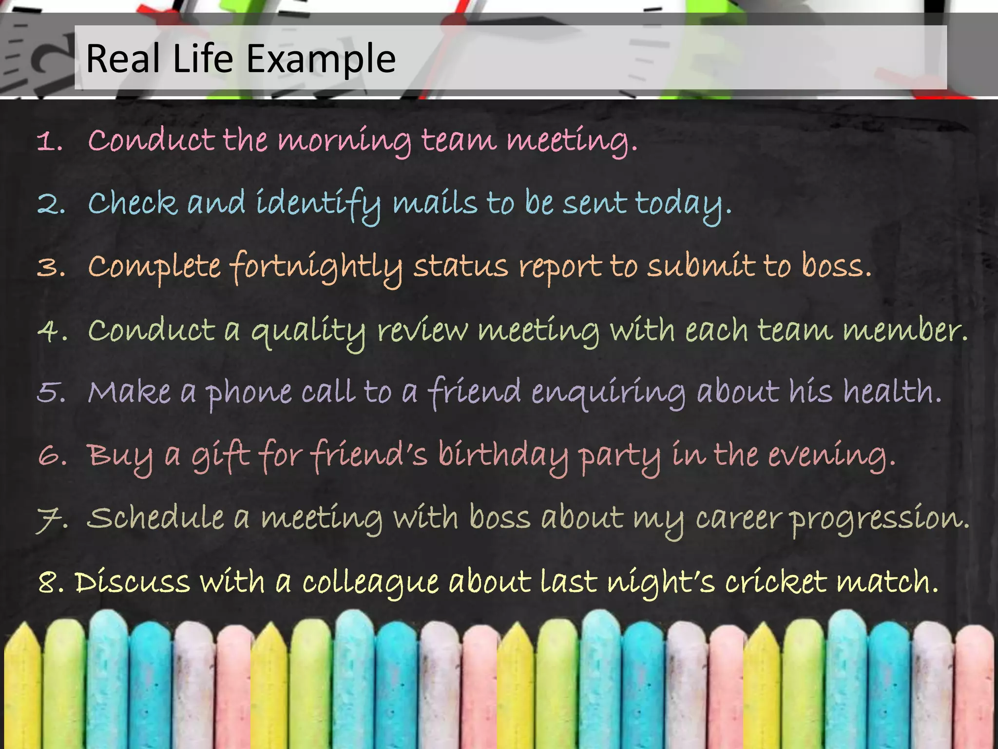 1. Conduct the morning team meeting.
2. Check and identify mails to be sent today.
3. Complete fortnightly status report to submit to boss.
4. Conduct a quality review meeting with each team member.
5. Make a phone call to a friend enquiring about his health.
Real Life Example
6. Buy a gift for friend’s birthday party in the evening.
7. Schedule a meeting with boss about my career progression.
8. Discuss with a colleague about last night’s cricket match.
 