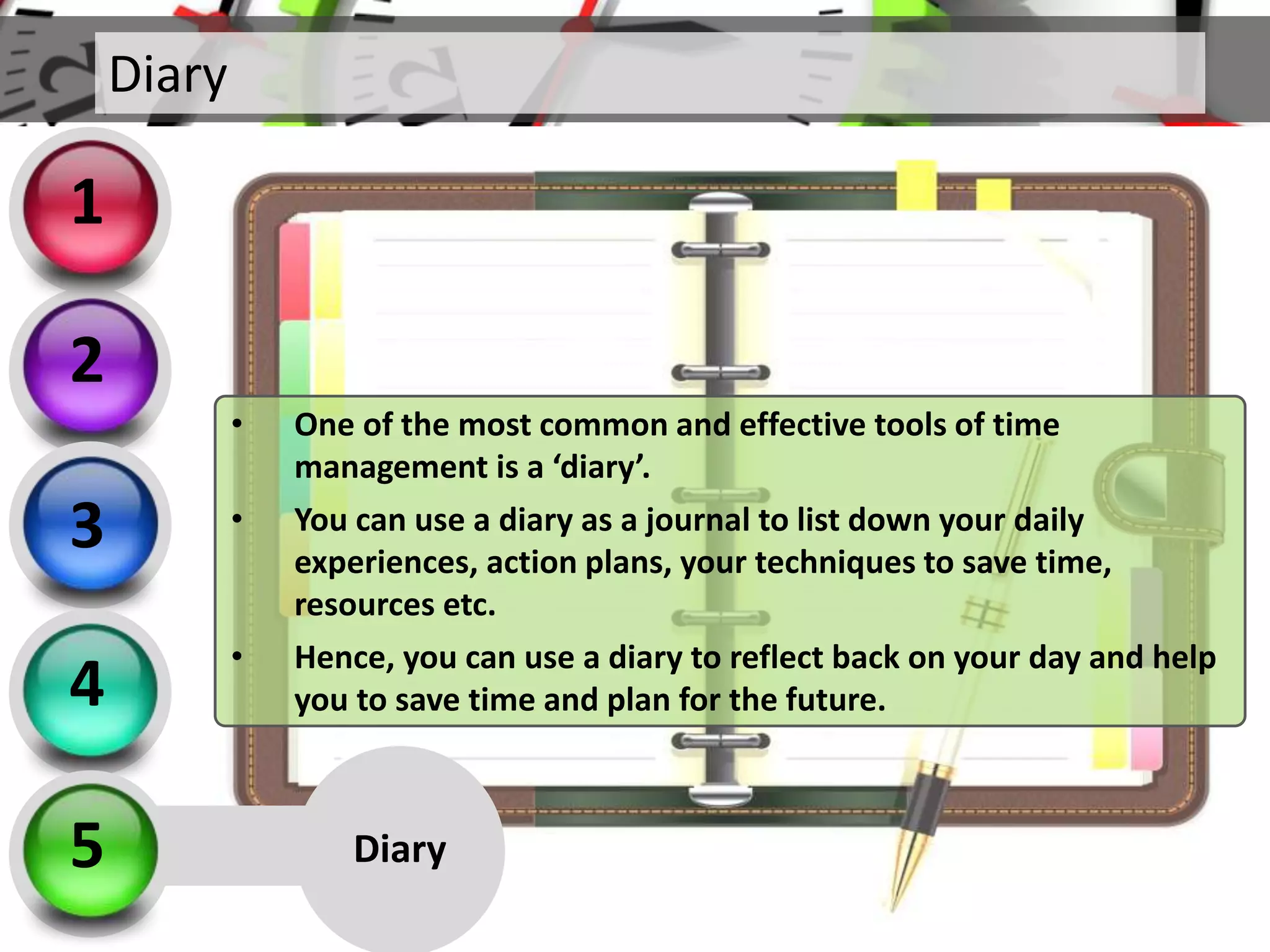 Diary
• One of the most common and effective tools of time
management is a ‘diary’.
• You can use a diary as a journal to list down your daily
experiences, action plans, your techniques to save time,
resources etc.
• Hence, you can use a diary to reflect back on your day and help
you to save time and plan for the future.
Diary
2
3
4
5
1
 