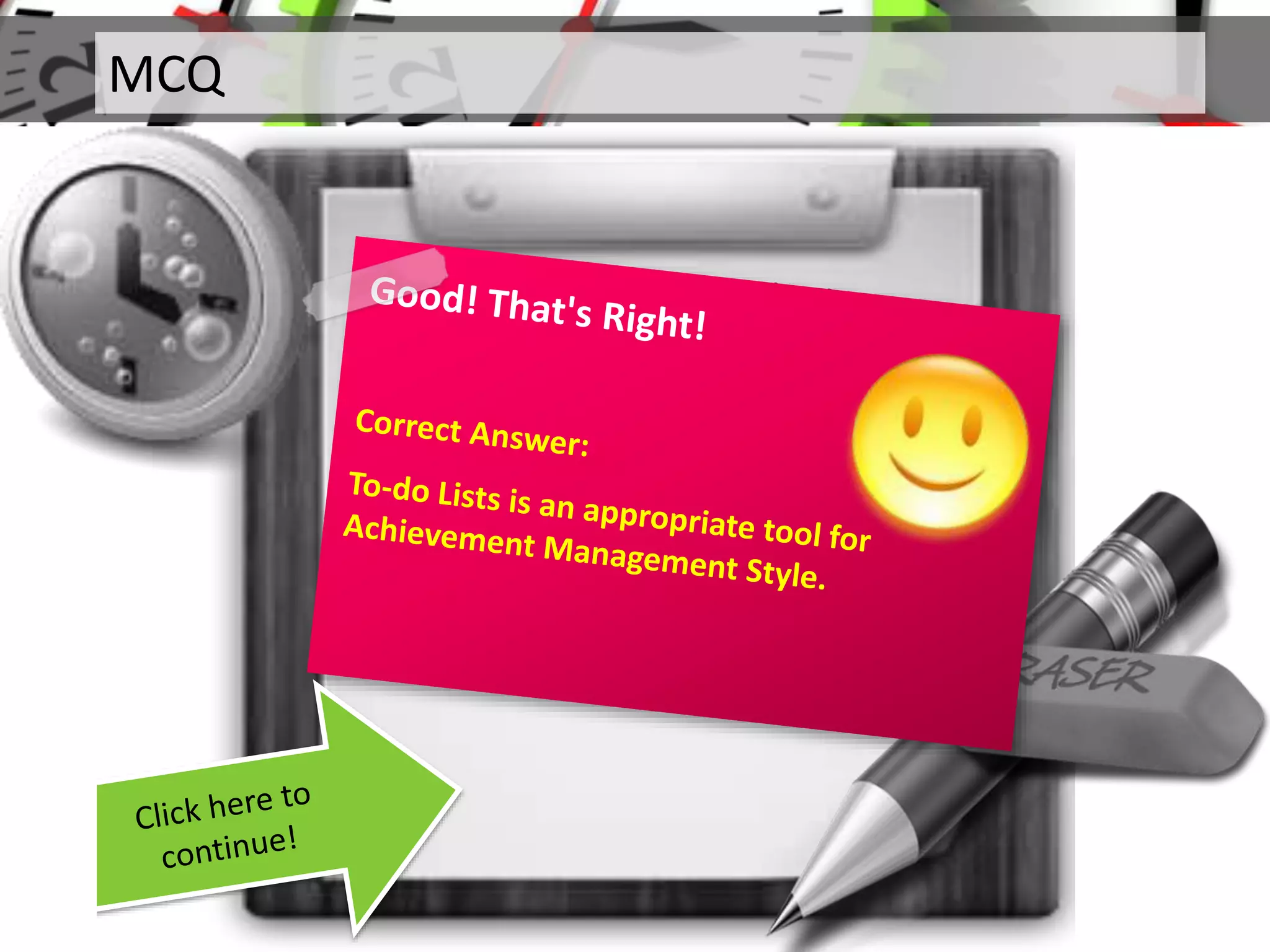 MCQ
Q. Which of the following is an
appropriate tool for Achievement
Management Style?
 