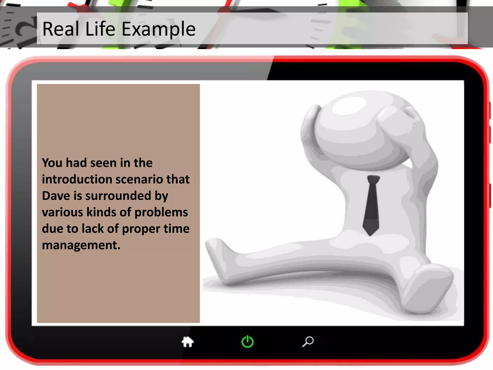 Real Life Example
You had seen in the
introduction scenario that
Dave is surrounded by
various kinds of problems
due to lack of proper time
management.
 