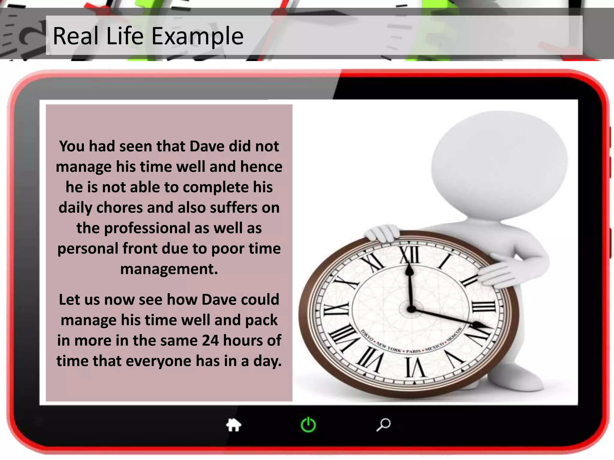 Real Life Example
You had seen that Dave did not
manage his time well and hence
he is not able to complete his
daily chores and also suffers on
the professional as well as
personal front due to poor time
management.
Let us now see how Dave could
manage his time well and pack
in more in the same 24 hours of
time that everyone has in a day.
 