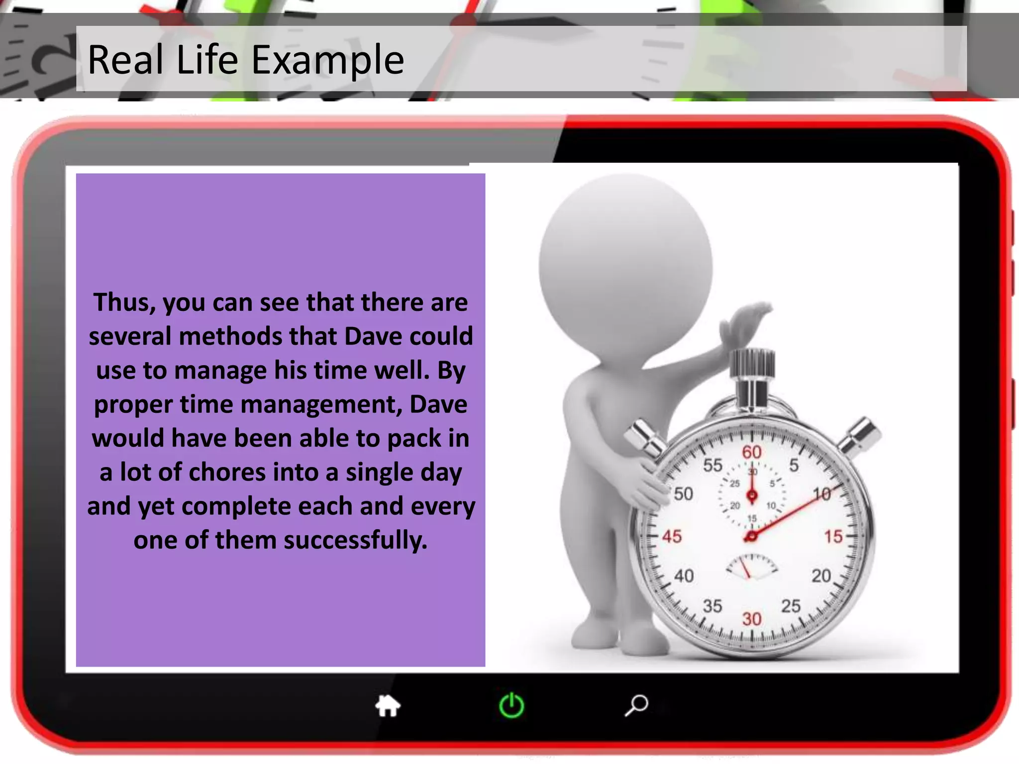 Real Life Example
Thus, you can see that there are
several methods that Dave could
use to manage his time well. By
proper time management, Dave
would have been able to pack in
a lot of chores into a single day
and yet complete each and every
one of them successfully.
 