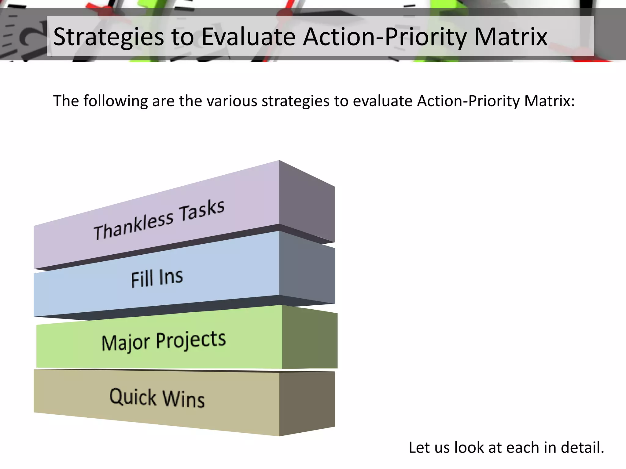 Strategies to Evaluate Action-Priority Matrix
The following are the various strategies to evaluate Action-Priority Matrix:
Let us look at each in detail.
 
