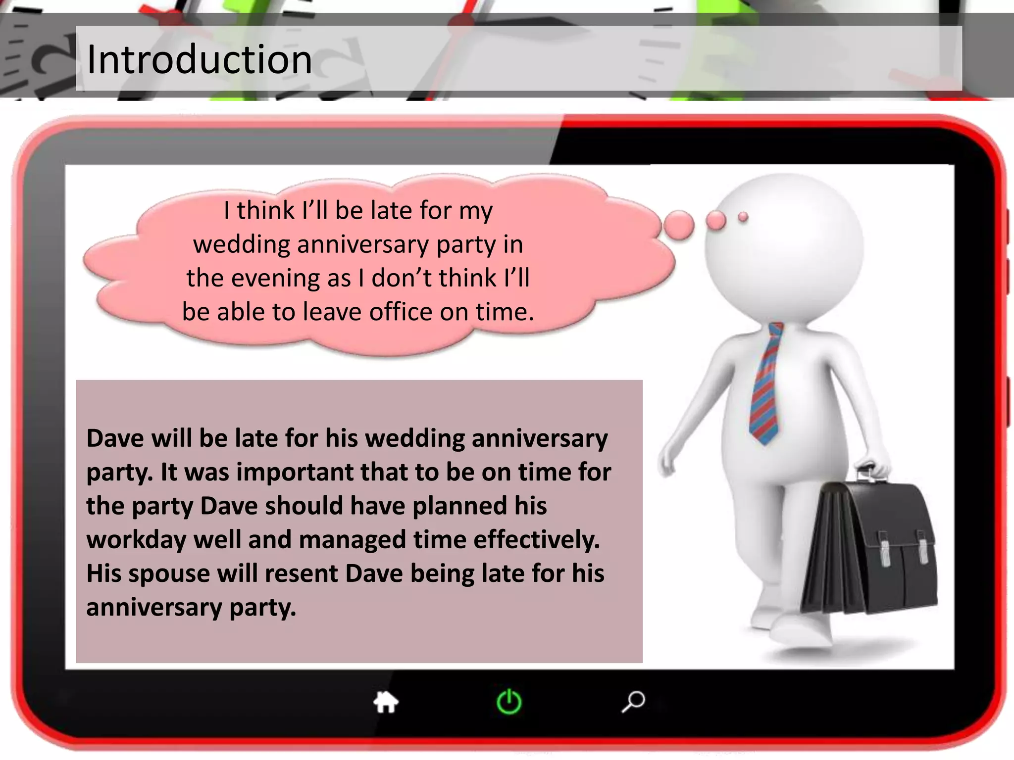 Introduction
I think I’ll be late for my
wedding anniversary party in
the evening as I don’t think I’ll
be able to leave office on time.
Dave will be late for his wedding anniversary
party. It was important that to be on time for
the party Dave should have planned his
workday well and managed time effectively.
His spouse will resent Dave being late for his
anniversary party.
 
