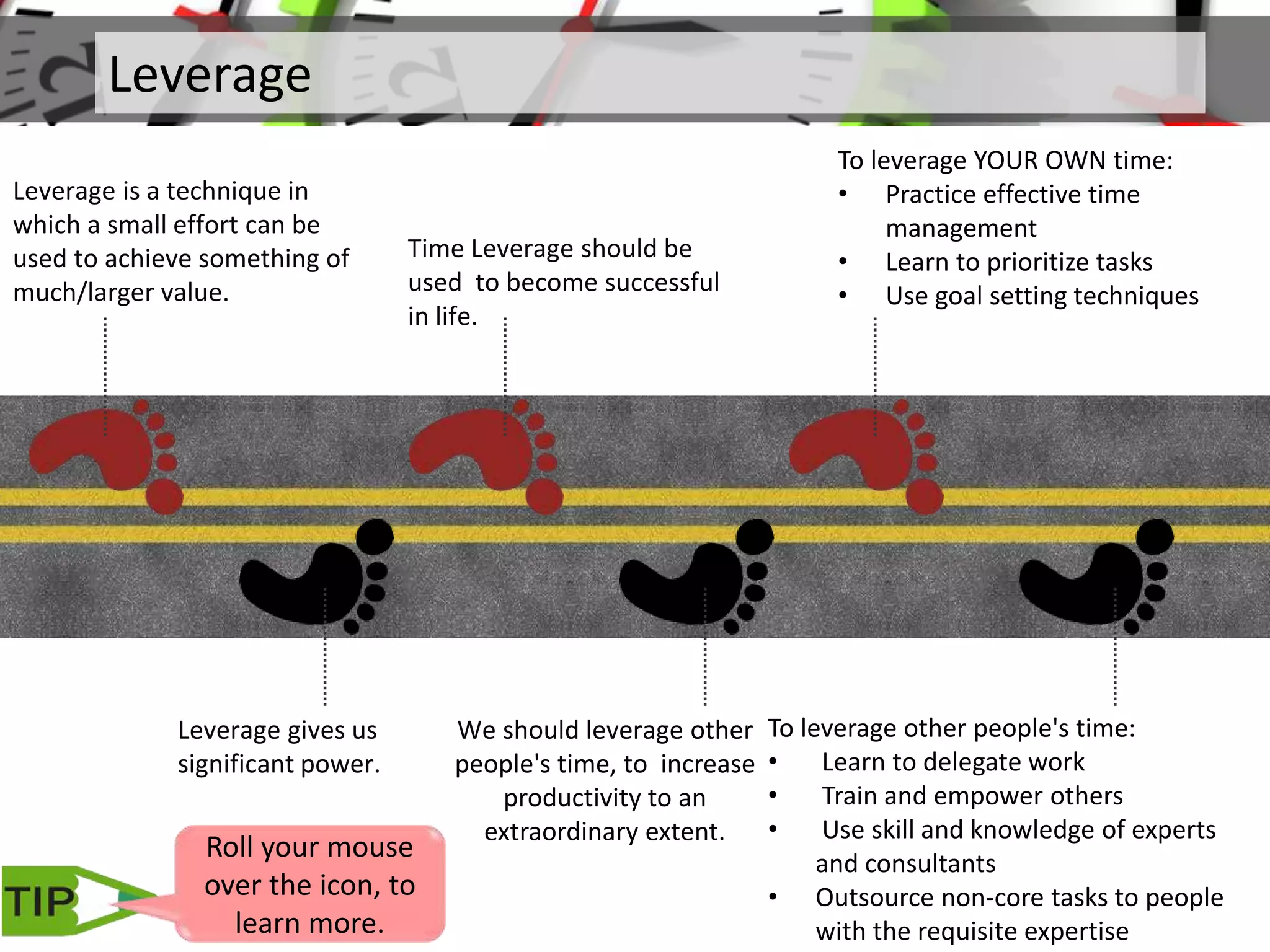 Leverage
Leverage is a technique in
which a small effort can be
used to achieve something of
much/larger value.
Leverage gives us
significant power.
Time Leverage should be
used to become successful
in life.
We should leverage other
people's time, to increase
productivity to an
extraordinary extent.
To leverage YOUR OWN time:
• Practice effective time
management
• Learn to prioritize tasks
• Use goal setting techniques
To leverage other people's time:
• Learn to delegate work
• Train and empower others
• Use skill and knowledge of experts
and consultants
• Outsource non-core tasks to people
with the requisite expertise
Roll your mouse
over the icon, to
learn more.
 