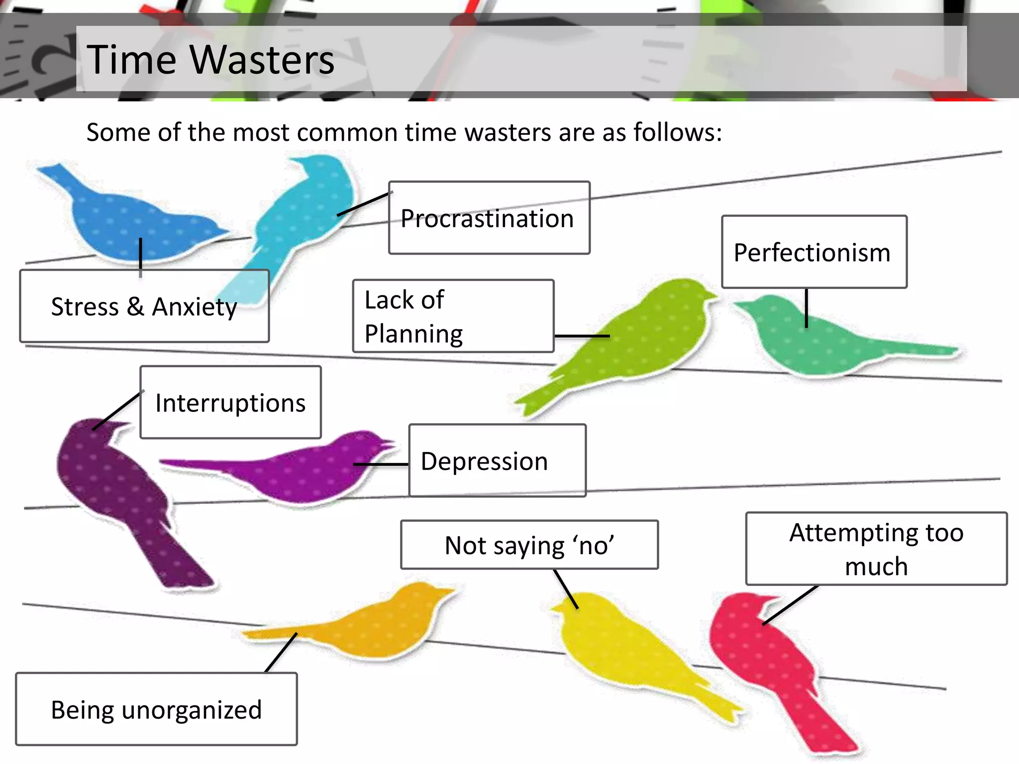 Time Wasters
Some of the most common time wasters are as follows:
Stress & Anxiety
Procrastination
Lack of
Planning
Perfectionism
Interruptions
Depression
Being unorganized
Not saying ‘no’ Attempting too
much
 
