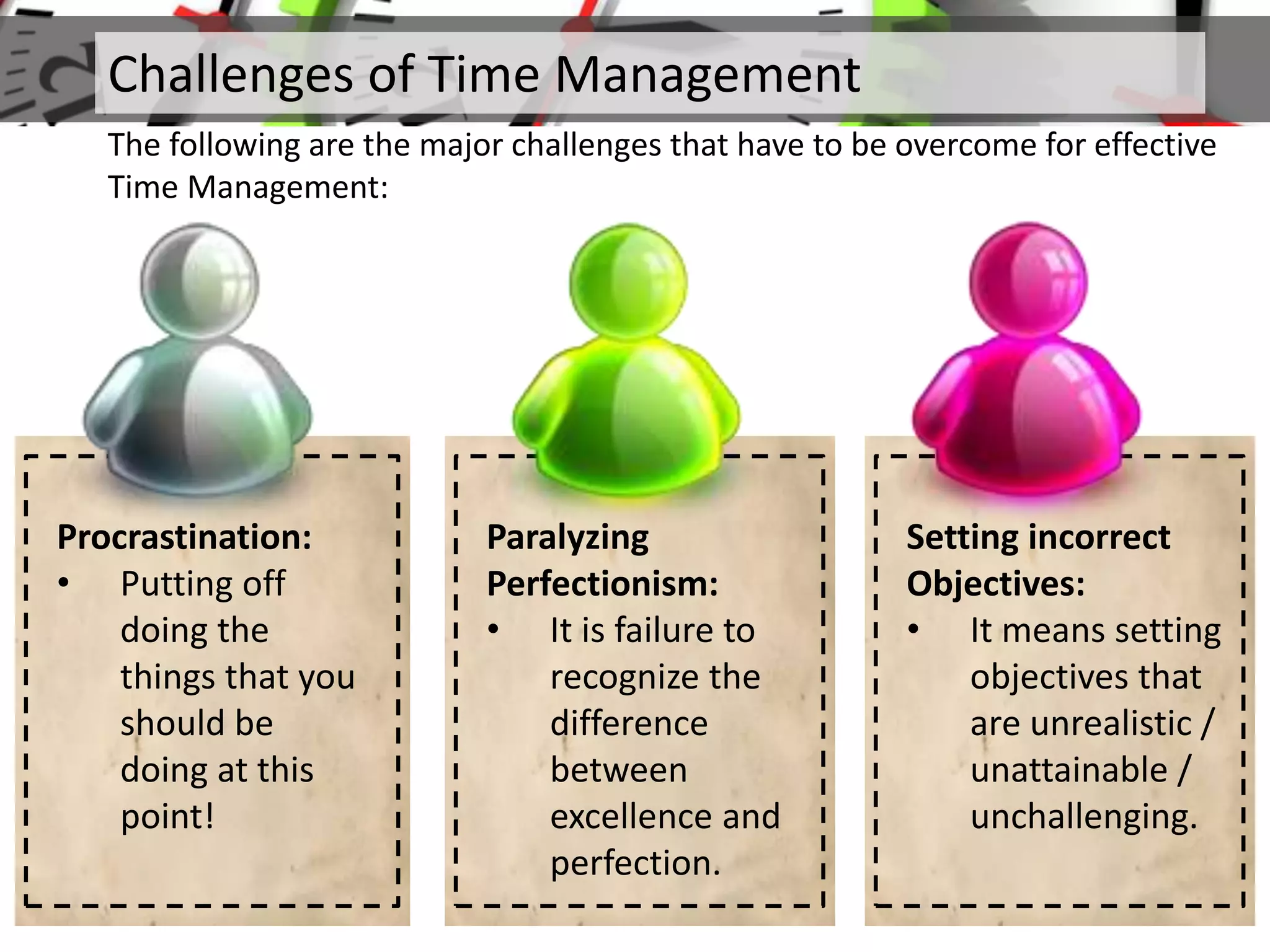 Challenges of Time Management
The following are the major challenges that have to be overcome for effective
Time Management:
Setting incorrect
Objectives:
• It means setting
objectives that
are unrealistic /
unattainable /
unchallenging.
Paralyzing
Perfectionism:
• It is failure to
recognize the
difference
between
excellence and
perfection.
Procrastination:
• Putting off
doing the
things that you
should be
doing at this
point!
 