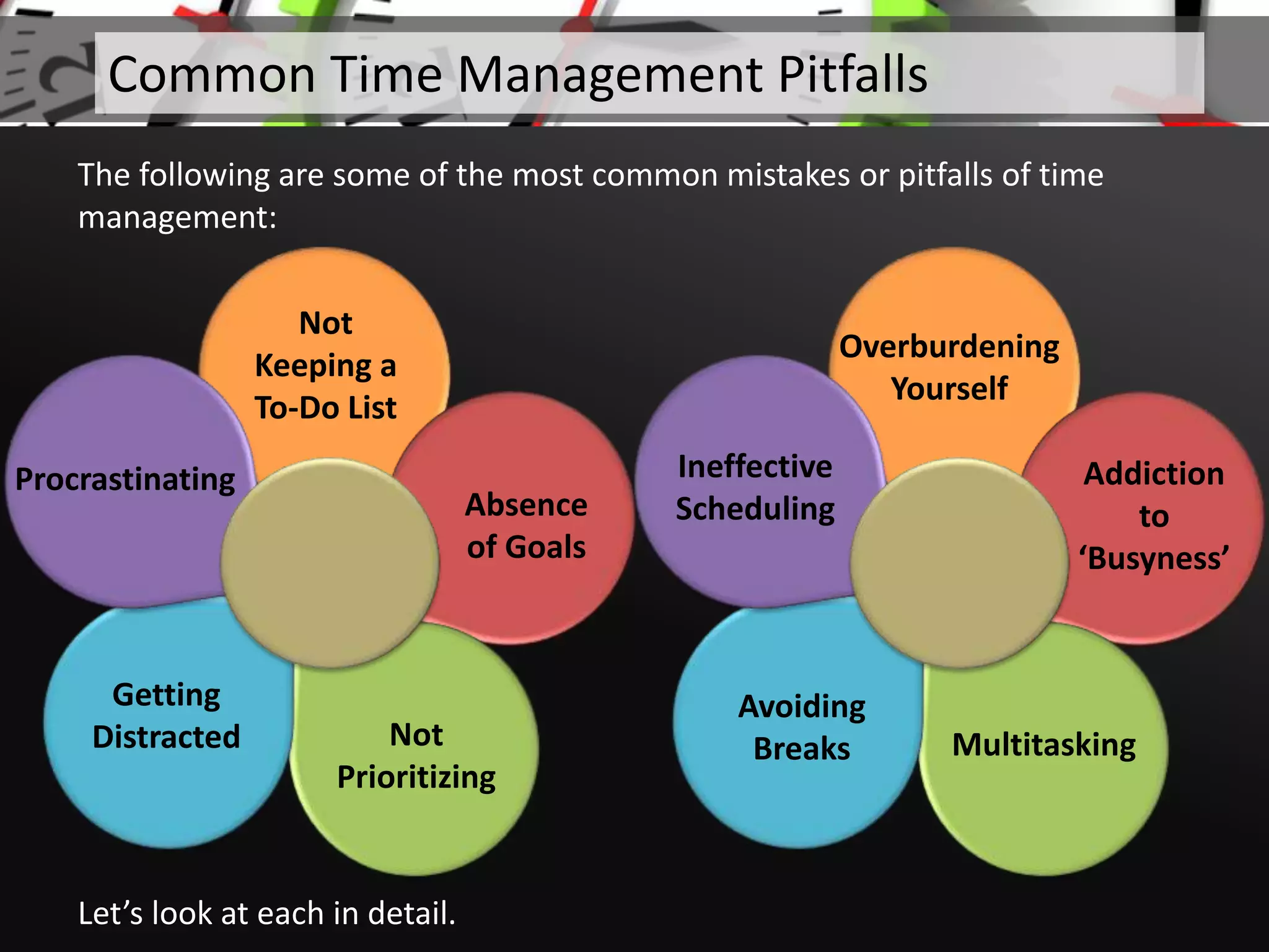 Not
Keeping a
To-Do List
Absence
of Goals
Not
Prioritizing
Getting
Distracted
Procrastinating
Let’s look at each in detail.
Common Time Management Pitfalls
The following are some of the most common mistakes or pitfalls of time
management:
Overburdening
Yourself
Addiction
to
‘Busyness’
Multitasking
Avoiding
Breaks
Ineffective
Scheduling
 