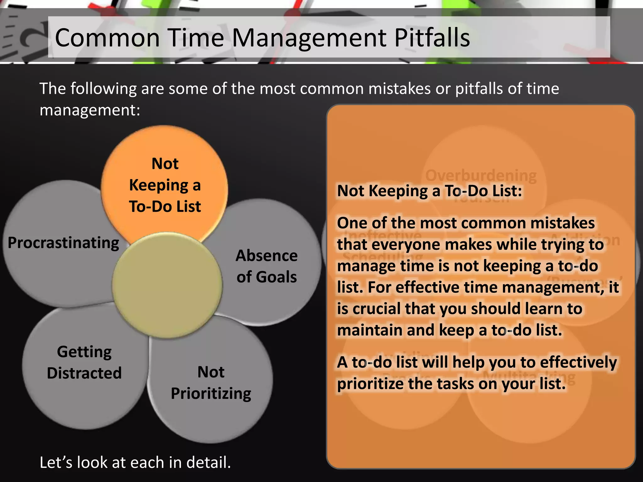 Absence
of Goals
Not
Prioritizing
Getting
Distracted
Procrastinating
Let’s look at each in detail.
Common Time Management Pitfalls
The following are some of the most common mistakes or pitfalls of time
management:
Overburdening
Yourself
Addiction
to
‘Busyness’
Multitasking
Avoiding
Breaks
Ineffective
Scheduling
Not
Keeping a
To-Do List
Not Keeping a To-Do List:
One of the most common mistakes
that everyone makes while trying to
manage time is not keeping a to-do
list. For effective time management, it
is crucial that you should learn to
maintain and keep a to-do list.
A to-do list will help you to effectively
prioritize the tasks on your list.
 