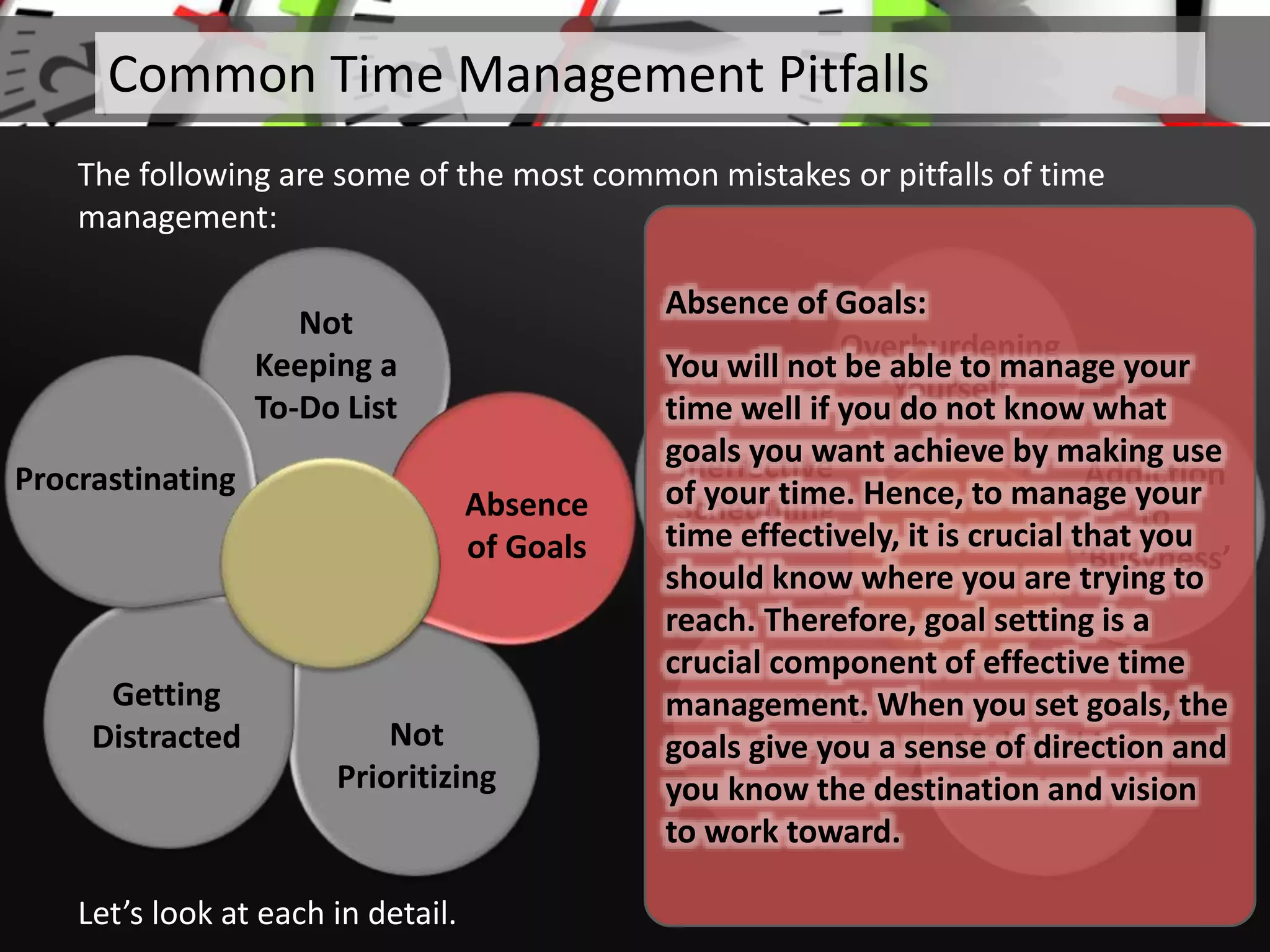 Not
Keeping a
To-Do List
Not
Prioritizing
Getting
Distracted
Procrastinating
Let’s look at each in detail.
Common Time Management Pitfalls
The following are some of the most common mistakes or pitfalls of time
management:
Overburdening
Yourself
Addiction
to
‘Busyness’
Multitasking
Avoiding
Breaks
Ineffective
SchedulingAbsence
of Goals
Absence of Goals:
You will not be able to manage your
time well if you do not know what
goals you want achieve by making use
of your time. Hence, to manage your
time effectively, it is crucial that you
should know where you are trying to
reach. Therefore, goal setting is a
crucial component of effective time
management. When you set goals, the
goals give you a sense of direction and
you know the destination and vision
to work toward.
 