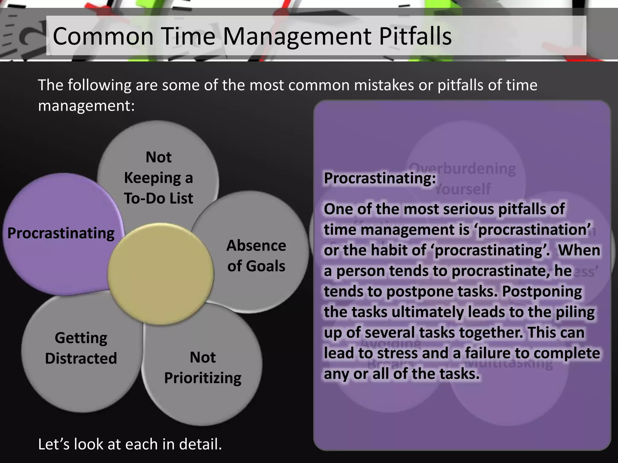 Not
Keeping a
To-Do List
Absence
of Goals
Not
Prioritizing
Getting
Distracted
Let’s look at each in detail.
Common Time Management Pitfalls
The following are some of the most common mistakes or pitfalls of time
management:
Overburdening
Yourself
Addiction
to
‘Busyness’
Multitasking
Avoiding
Breaks
Ineffective
Scheduling
Procrastinating
Procrastinating:
One of the most serious pitfalls of
time management is ‘procrastination’
or the habit of ‘procrastinating’. When
a person tends to procrastinate, he
tends to postpone tasks. Postponing
the tasks ultimately leads to the piling
up of several tasks together. This can
lead to stress and a failure to complete
any or all of the tasks.
 