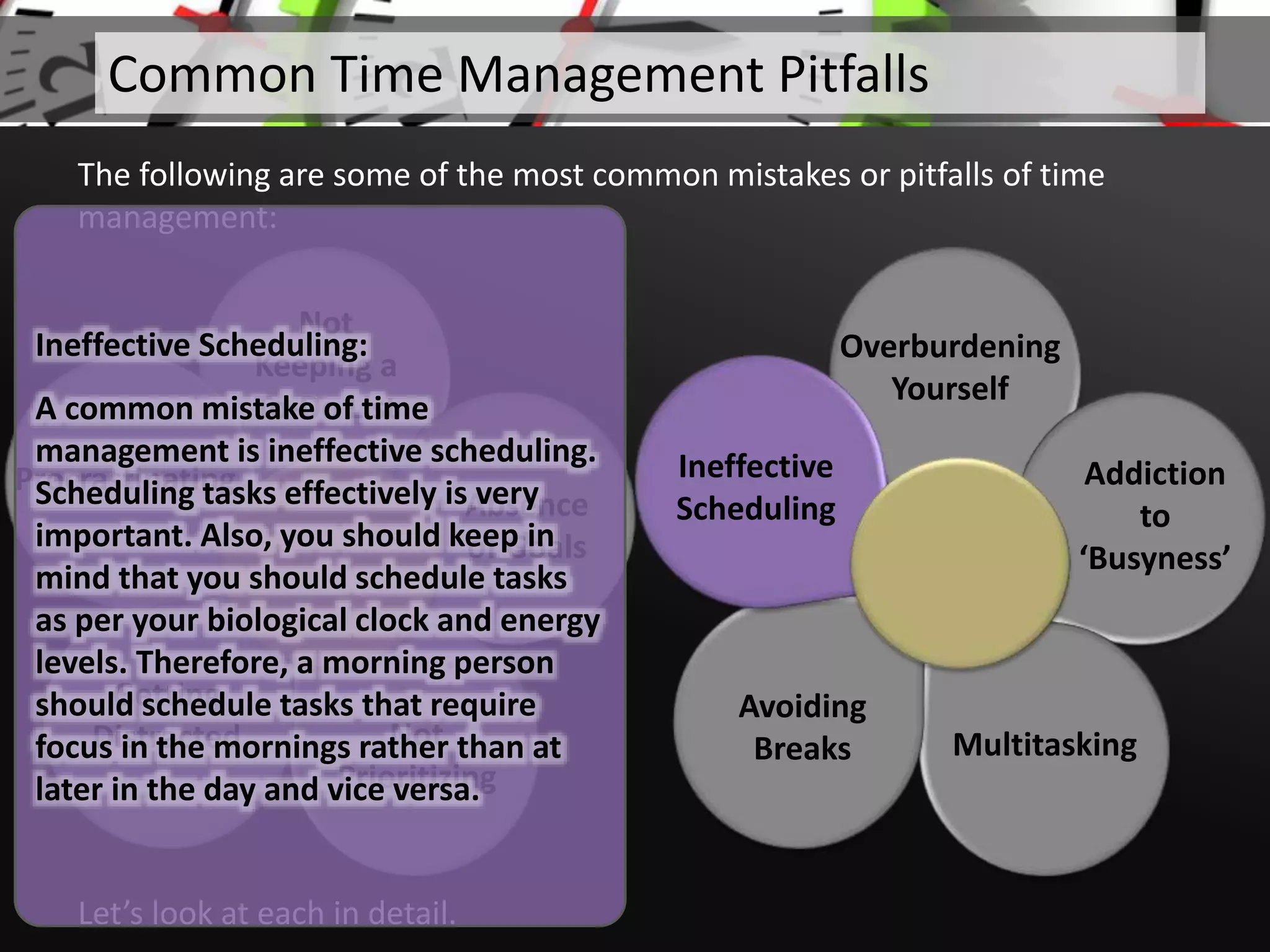Not
Keeping a
To-Do List
Absence
of Goals
Not
Prioritizing
Getting
Distracted
Procrastinating
Let’s look at each in detail.
Common Time Management Pitfalls
The following are some of the most common mistakes or pitfalls of time
management:
Overburdening
Yourself
Addiction
to
‘Busyness’
Multitasking
Avoiding
Breaks
Ineffective
Scheduling
Ineffective Scheduling:
A common mistake of time
management is ineffective scheduling.
Scheduling tasks effectively is very
important. Also, you should keep in
mind that you should schedule tasks
as per your biological clock and energy
levels. Therefore, a morning person
should schedule tasks that require
focus in the mornings rather than at
later in the day and vice versa.
 