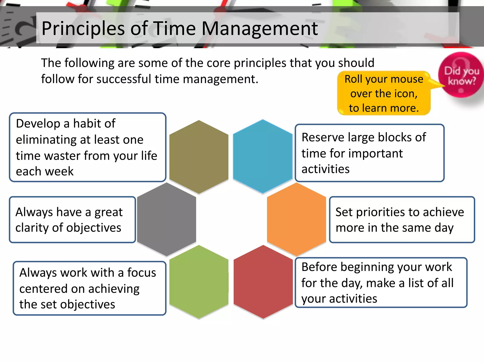 Principles of Time Management
Always have a great
clarity of objectives
Always work with a focus
centered on achieving
the set objectives
Before beginning your work
for the day, make a list of all
your activities
Set priorities to achieve
more in the same day
Reserve large blocks of
time for important
activities
Develop a habit of
eliminating at least one
time waster from your life
each week
The following are some of the core principles that you should
follow for successful time management. Roll your mouse
over the icon,
to learn more.
 