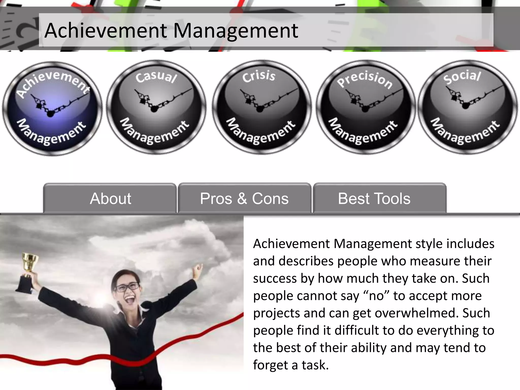 Achievement Management
About
Achievement Management style includes
and describes people who measure their
success by how much they take on. Such
people cannot say “no” to accept more
projects and can get overwhelmed. Such
people find it difficult to do everything to
the best of their ability and may tend to
forget a task.
Pros & Cons Best Tools
 
