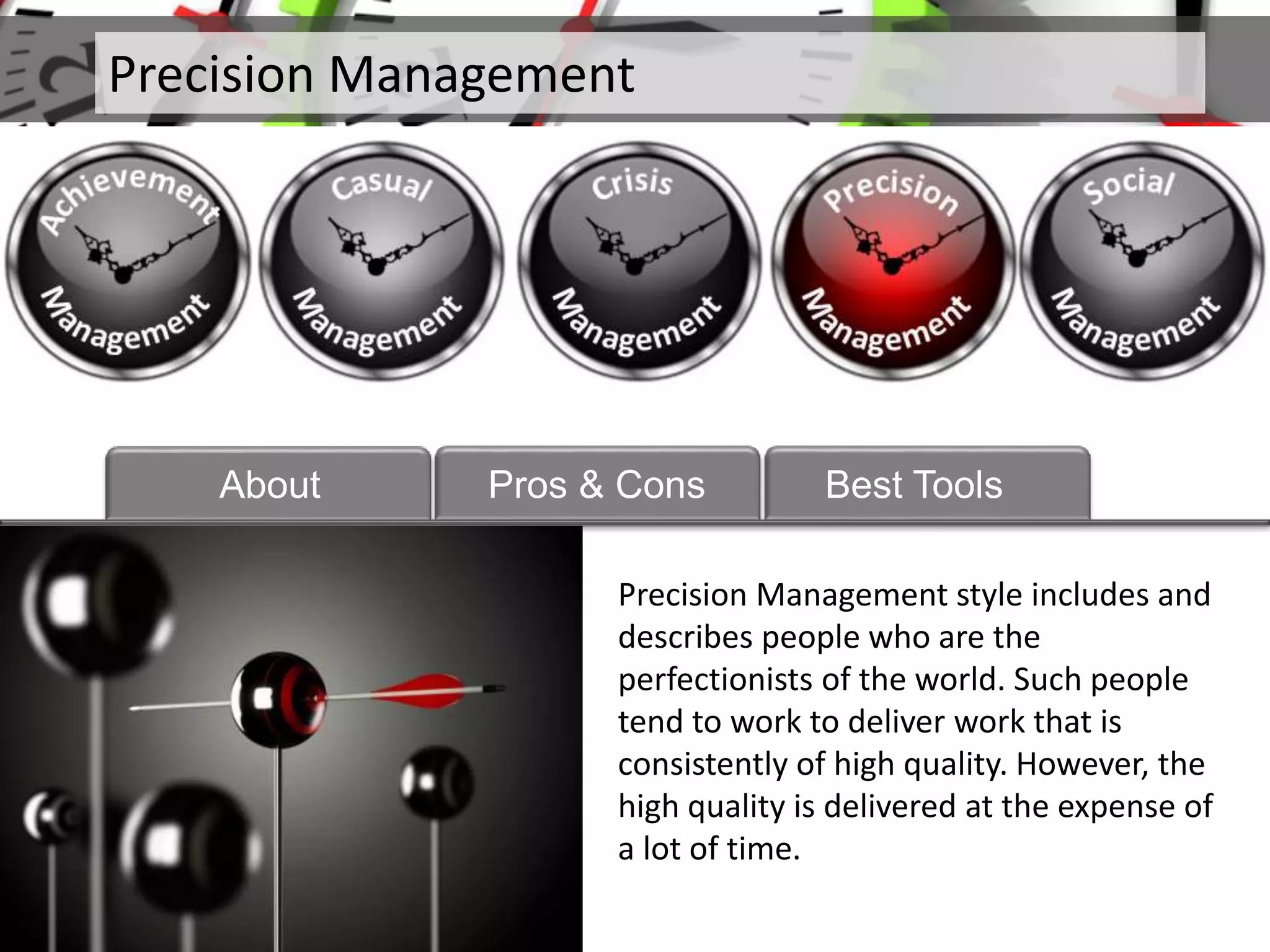 Precision Management
About
Precision Management style includes and
describes people who are the
perfectionists of the world. Such people
tend to work to deliver work that is
consistently of high quality. However, the
high quality is delivered at the expense of
a lot of time.
Pros & Cons Best Tools
 