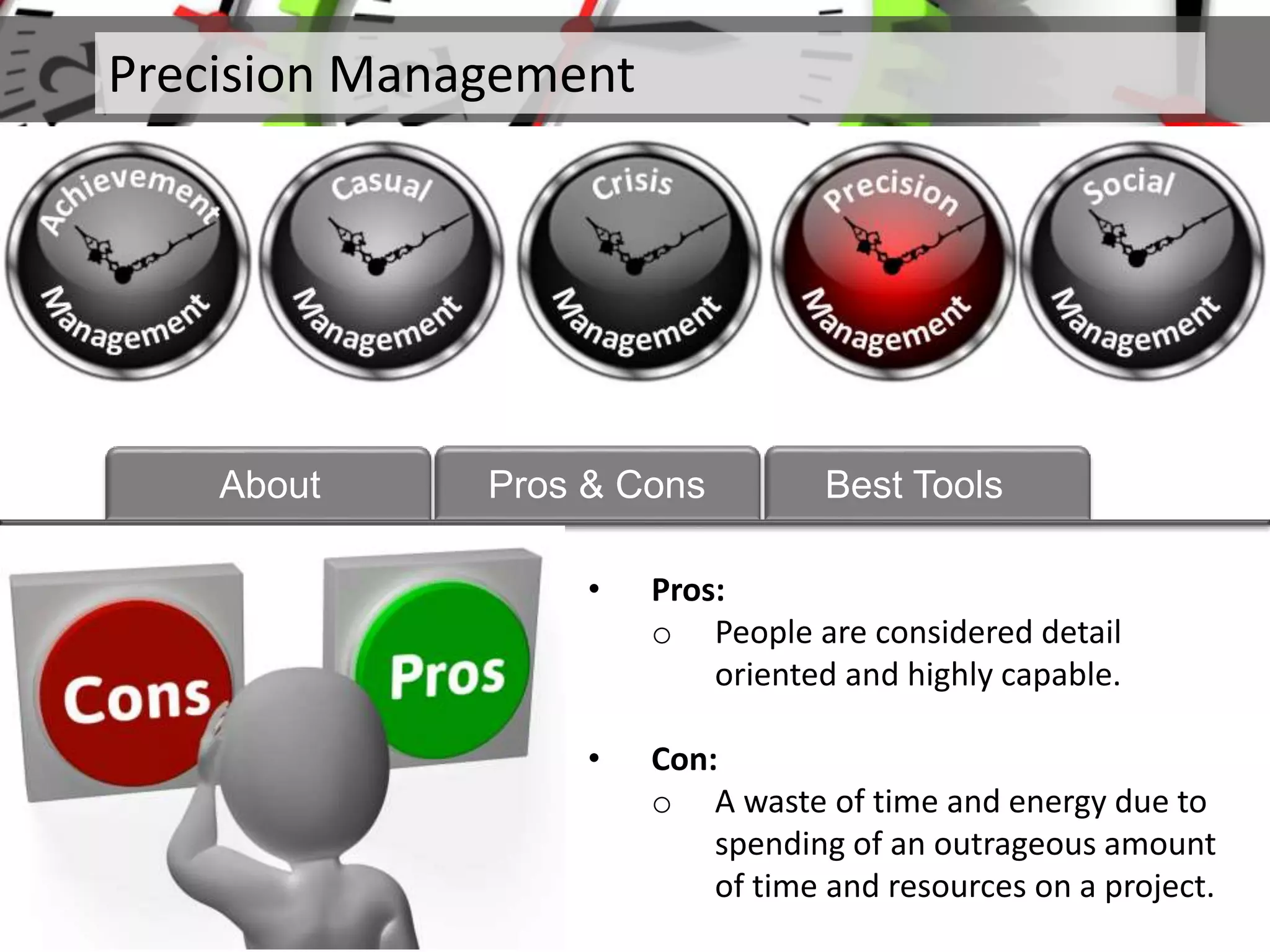 • Pros:
o People are considered detail
oriented and highly capable.
• Con:
o A waste of time and energy due to
spending of an outrageous amount
of time and resources on a project.
Precision Management
About Pros & Cons Best Tools
 
