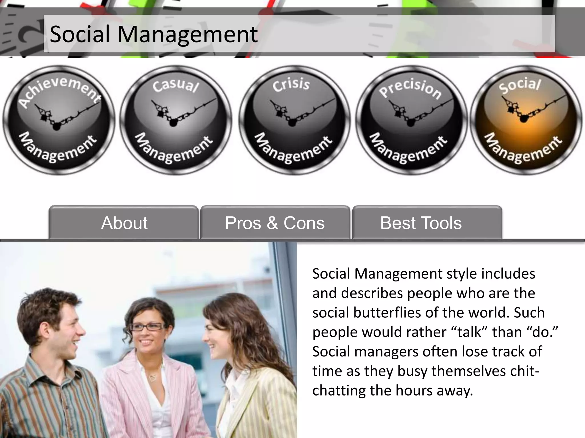 Social Management
About
Social Management style includes
and describes people who are the
social butterflies of the world. Such
people would rather “talk” than “do.”
Social managers often lose track of
time as they busy themselves chit-
chatting the hours away.
Pros & Cons Best Tools
 