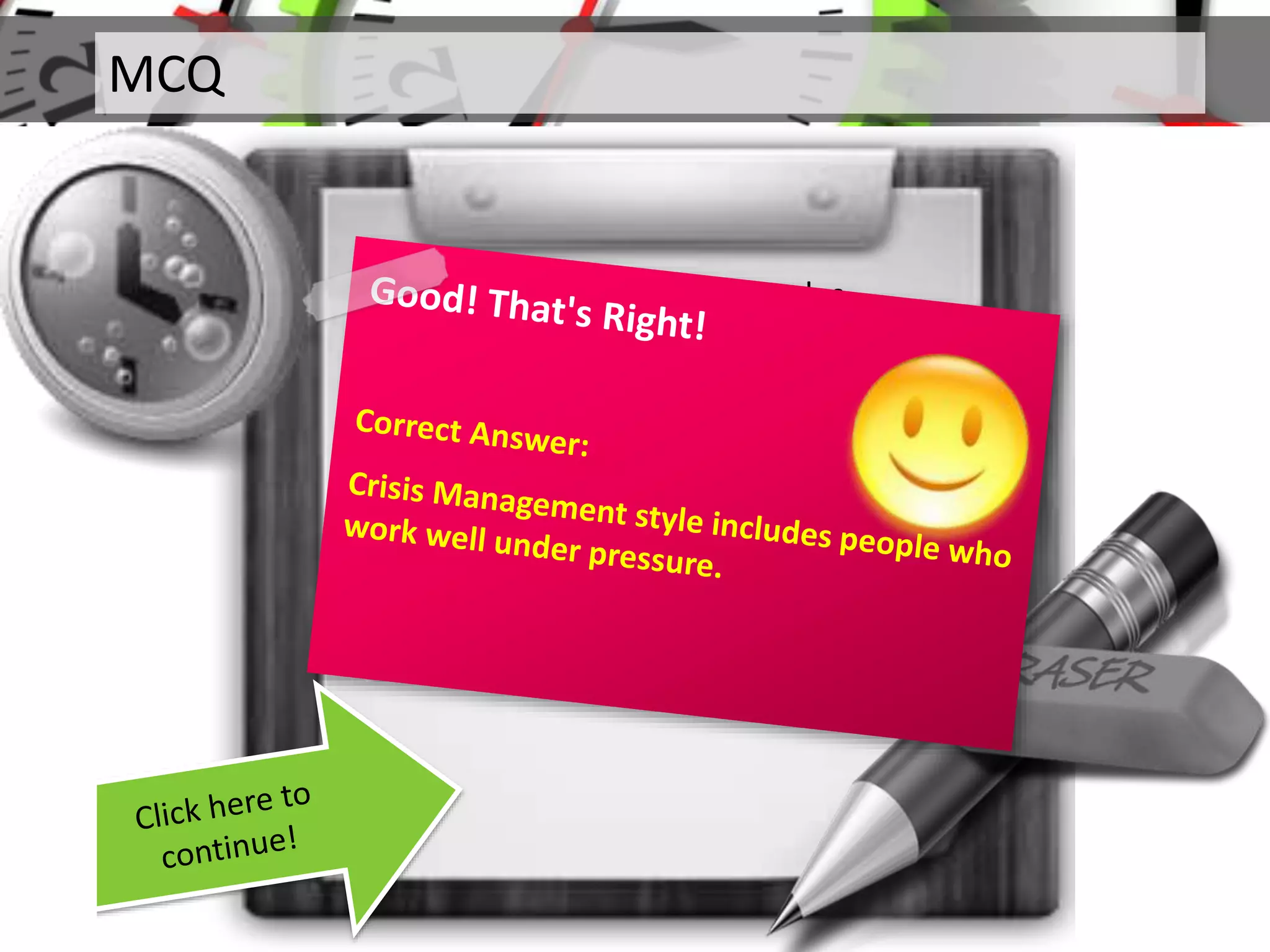 MCQ
Q. Which of the following styles
include people who work well
under pressure?
 