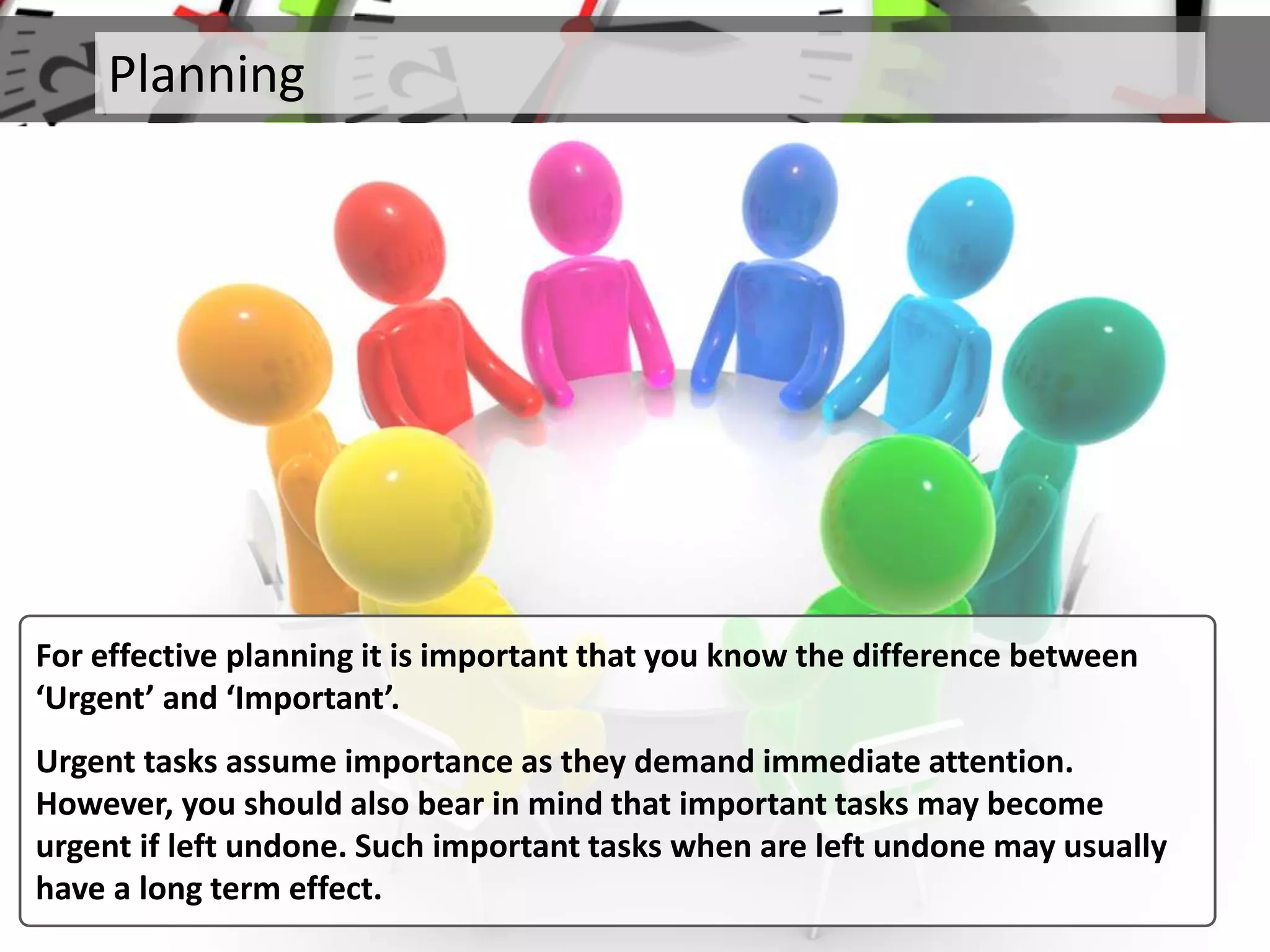 Planning
For effective planning it is important that you know the difference between
‘Urgent’ and ‘Important’.
Urgent tasks assume importance as they demand immediate attention.
However, you should also bear in mind that important tasks may become
urgent if left undone. Such important tasks when are left undone may usually
have a long term effect.
 