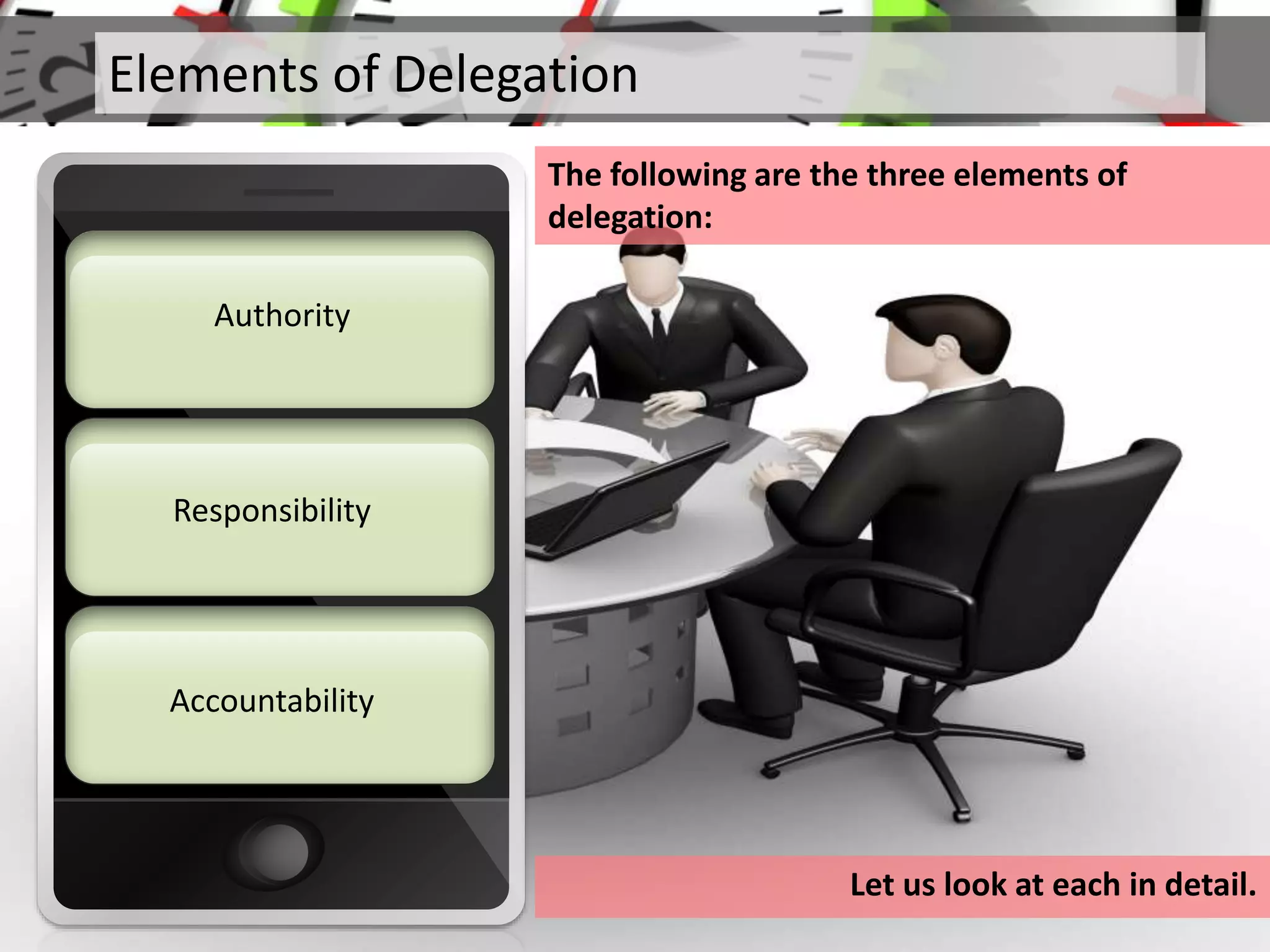 Elements of Delegation
The following are the three elements of
delegation:
Responsibility
Authority
Accountability
Let us look at each in detail.
 