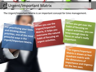 Urgent/Important Matrix
The Urgent/Important Matrix is an important concept for time management.
 