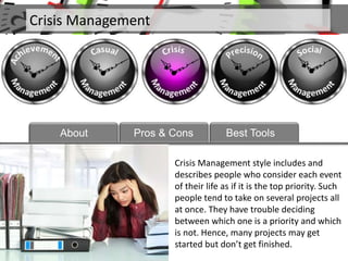 Crisis Management
About
Crisis Management style includes and
describes people who consider each event
of their life as if ...