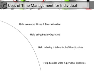 Uses of Time Management for Individual
Help overcome Stress & Procrastination
Help being Better Organized
Help in being to...