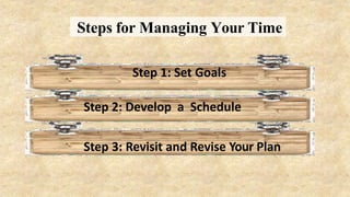Steps for Managing Your Time
Step 1: Set Goals
Step 2: Develop a Schedule
Step 3: Revisit and Revise Your Plan
 