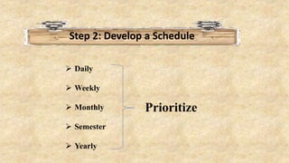 Step 2: Develop a Schedule
 Daily
 Weekly
 Monthly
 Semester
 Yearly
Prioritize
 