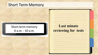 Short Term Memory
Short term memory
6 a.m. - 10 a.m.
Last minute
reviewing for tests
 