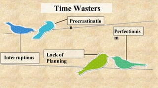 Time Wasters
Interruptions
Procrastinatio
n
Perfectionis
m
Lack of
Planning
 