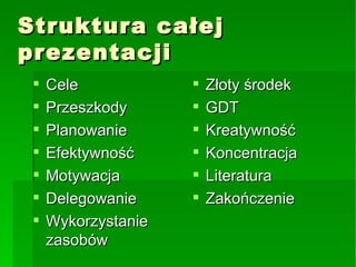 Struktura  całej  prezentacji Cele Przeszkody Planowanie Efektywność Motywacja Delegowanie Wykorzystanie zasobów Złoty środek GDT Kreatywność Koncentracja Literatura Zakończenie 
