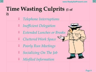 Time Wasting Culprits   (1 of 2) <ul><li>Telephone Interruptions   </li></ul><ul><li>Inefficient Delegation </li></ul><ul>...