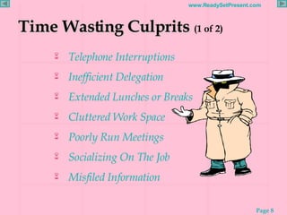 Time Wasting Culprits   (1 of 2) Telephone Interruptions   Inefficient Delegation Extended Lunches or Breaks  Cluttered Work Space Poorly Run Meetings Socializing On The Job  Misfiled Information   