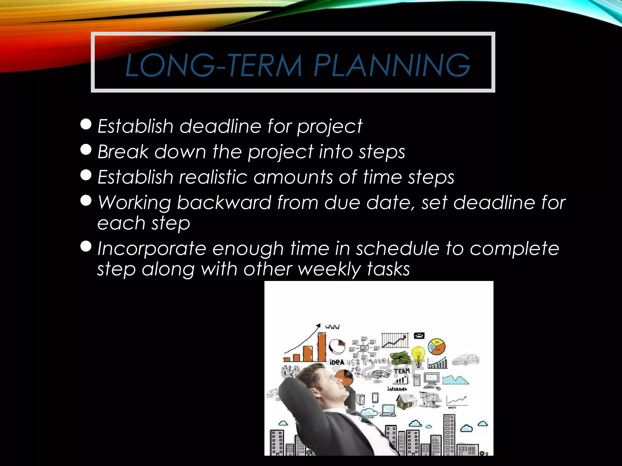 LONG-TERM PLANNINGLONG-TERM PLANNING
Establish deadline for projectEstablish deadline for project
Break down the project into stepsBreak down the project into steps
Establish realistic amounts of time stepsEstablish realistic amounts of time steps
Working backward from due date, set deadline forWorking backward from due date, set deadline for
each stepeach step
Incorporate enough time in schedule to completeIncorporate enough time in schedule to complete
step along with other weekly tasksstep along with other weekly tasks
 