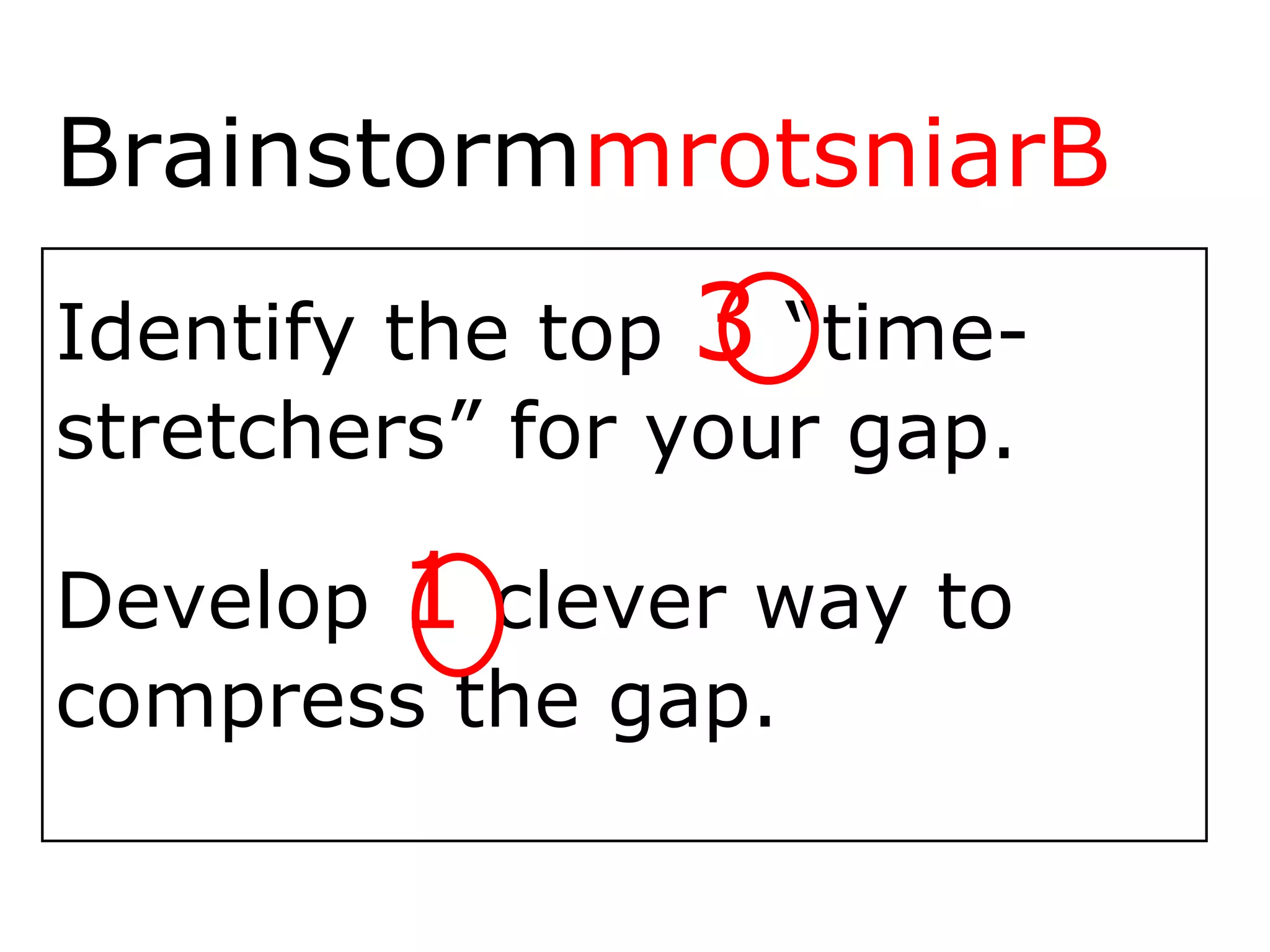 Brainstorm mrotsniarB Identify the top  3  “time-stretchers” for your gap. Develop  1  clever way to compress the gap. 
