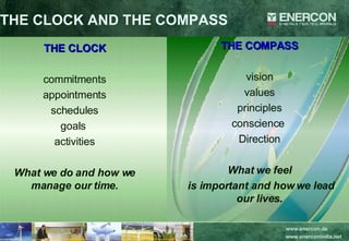THE CLOCK AND THE COMPASS THE CLOCK commitments appointments schedules goals  activities What we do and how we manage our time. THE COMPASS vision values principles conscience  Direction What we feel is important and how we lead our lives. 