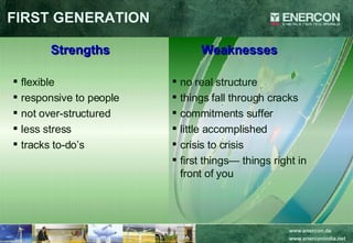 FIRST GENERATION Strengths flexible responsive to people not over-structured less stress  tracks to-do’s Weaknesses no real structure things fall through cracks commitments suffer little accomplished  crisis to crisis first things— things right in front of you 