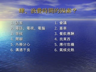 肆、浪費時間的因素？ 訪客 電話、電視、電腦 等候 閒聊 外務分心 溝通不良 會議 塞車 餐飲應酬 找東西 應付危機 氣候炎熱 