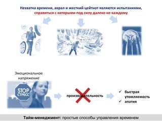 Нехватка времени, аврал и жесткий цейтнот являются испытаниями,
         справиться с которыми под силу далеко не каждому




Эмоциональное
 напряжение


                                                     быстрая
                          производительность          утомляемость
                                                     апатия



    Тайм-менеджмент: простые способы управления временем
 