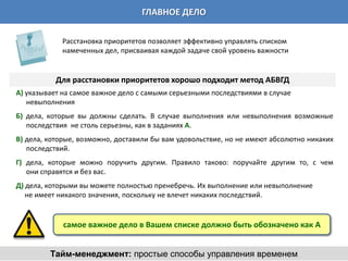 ГЛАВНОЕ ДЕЛО

            Расстановка приоритетов позволяет эффективно управлять списком
            намеченных дел, присваивая каждой задаче свой уровень важности


           Для расстановки приоритетов хорошо подходит метод АБВГД
А) указывает на самое важное дело с самыми серьезными последствиями в случае
   невыполнения
Б) дела, которые вы должны сделать. В случае выполнения или невыполнения возможные
   последствия не столь серьезны, как в заданиях А.
В) дела, которые, возможно, доставили бы вам удовольствие, но не имеют абсолютно никаких
   последствий.
Г) дела, которые можно поручить другим. Правило таково: поручайте другим то, с чем
   они справятся и без вас.
Д) дела, которыми вы можете полностью пренебречь. Их выполнение или невыполнение
   не имеет никакого значения, поскольку не влечет никаких последствий.


             самое важное дело в Вашем списке должно быть обозначено как А


         Тайм-менеджмент: простые способы управления временем
 
