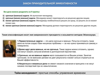ЗАКОН ПРИНУДИТЕЛЬНОЙ ЭФФЕКТИВНОСТИ

 Все дела можно разделить на 4 группы:
1) срочные (важные) задачи. Их выполняет менеджер;
2) срочные (менее важные) задачи. Менеджер может перепоручить их решение другим лицам;
3) менее срочные (важные) задачи. Менеджеру необязательно решать их сразу, но решить их он может
   позже сам;
4) менее срочные (менее важные) задачи. Менеджер должен перепоручить их решение другим лицам.



Такая классификация носит имя американского президента и называется методом Эйзенхауэра.


               1.Первостепенные задачи — это дела срочные и важные. Попытка отложить такие
               дела на потом создаст Вам ненужные проблемы — за них нужно приниматься самому и
               немедленно.
               2.Далее идут дела важные, но не срочные. Такие задачи можно отложить, однако
               они могут оказать сильное влияние в долгосрочной перспективе.
               3.Срочные, но не важные задачи мало сказываются на Вашем успехе. Занятие
               срочными, но не важными делами не дает результата и может сильно отразиться на
               Вашей эффективности.
               4.Несрочные и неважные дела не имеют никакого значения в принципе и не несут
               никаких последствий при их невыполнении.


            Тайм-менеджмент: простые способы управления временем
 
