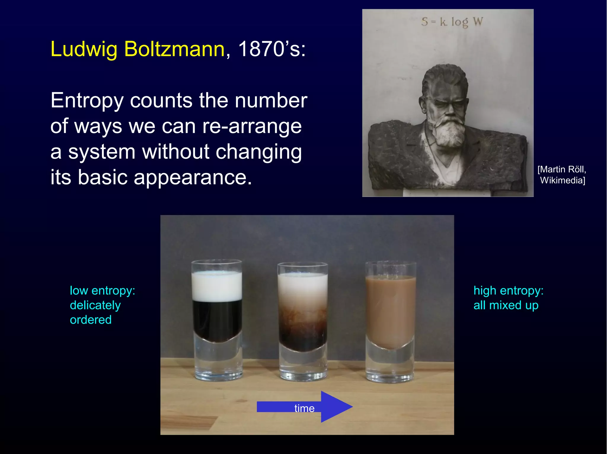 Ludwig Boltzmann, 1870’s:

Entropy counts the number
of ways we can re-arrange
a system without changing
                                         [Martin Röll,
its basic appearance.                     Wikimedia]




 low entropy:                 high entropy:
 delicately                   all mixed up
 ordered




                       time
 
