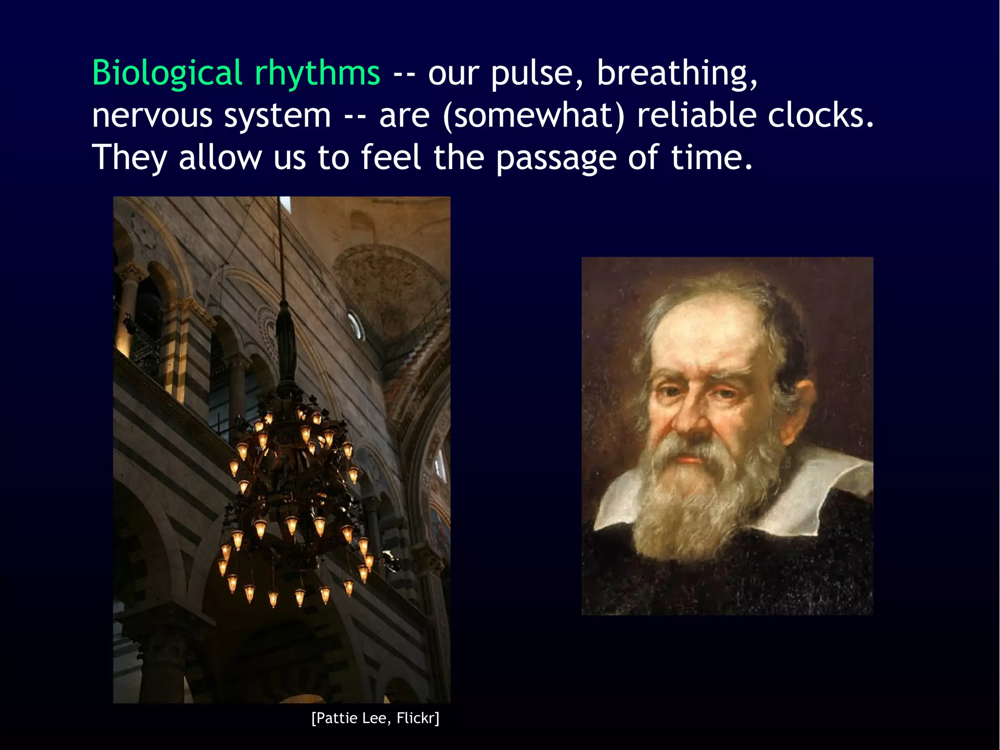 Biological rhythms -- our pulse, breathing,
nervous system -- are (somewhat) reliable clocks.
They allow us to feel the passage of time.




             [Pattie Lee, Flickr]
 
