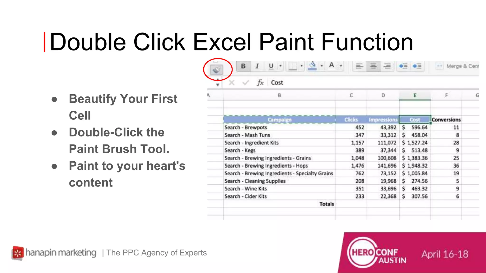 Double Click Excel Paint Function
● Beautify Your First
Cell
● Double-Click the
Paint Brush Tool.
● Paint to your heart's
content
| The PPC Agency of Experts
 
