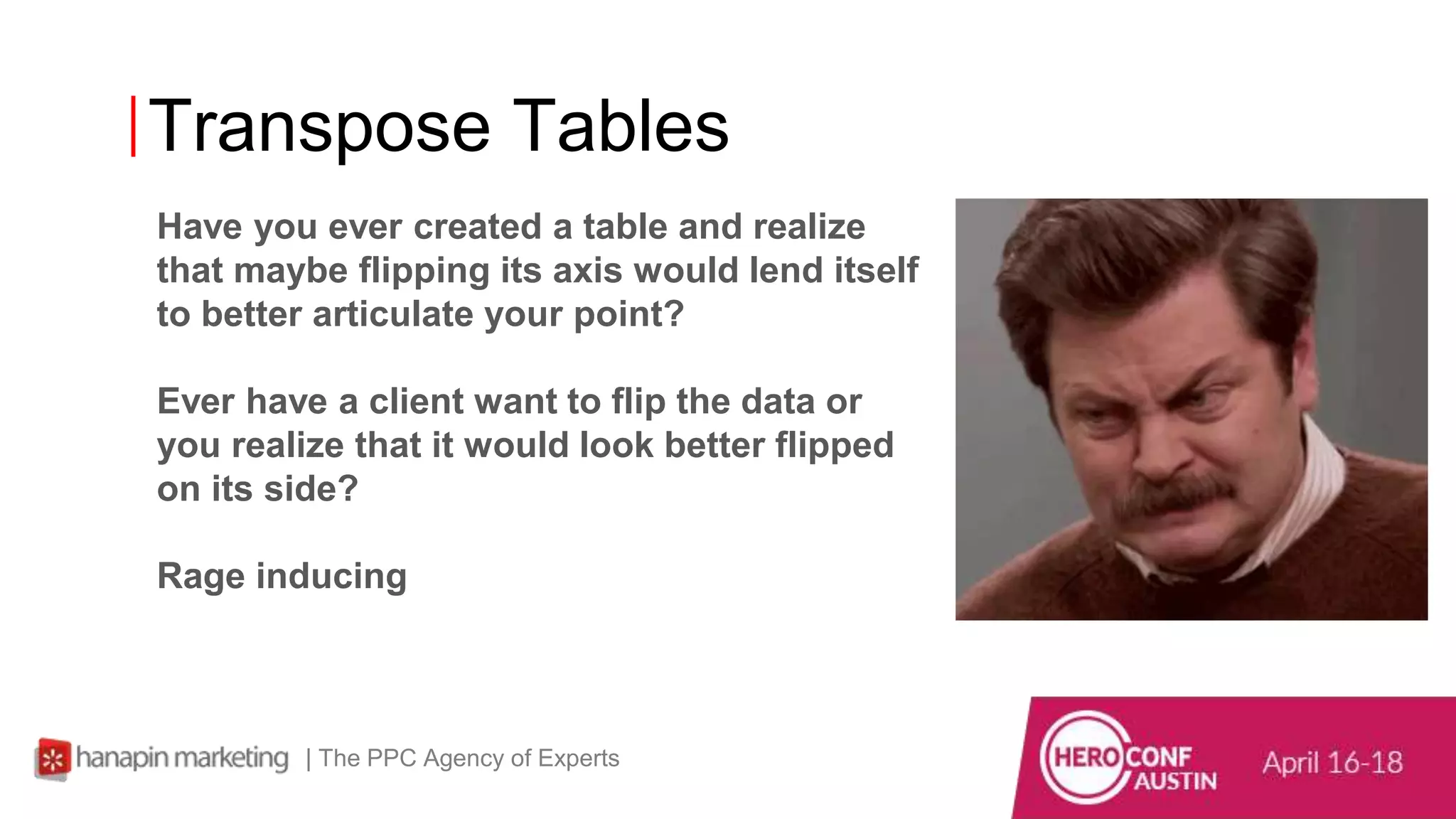 Transpose Tables
Have you ever created a table and realize
that maybe flipping its axis would lend itself
to better articulate your point?
Ever have a client want to flip the data or
you realize that it would look better flipped
on its side?
Rage inducing
| The PPC Agency of Experts
 