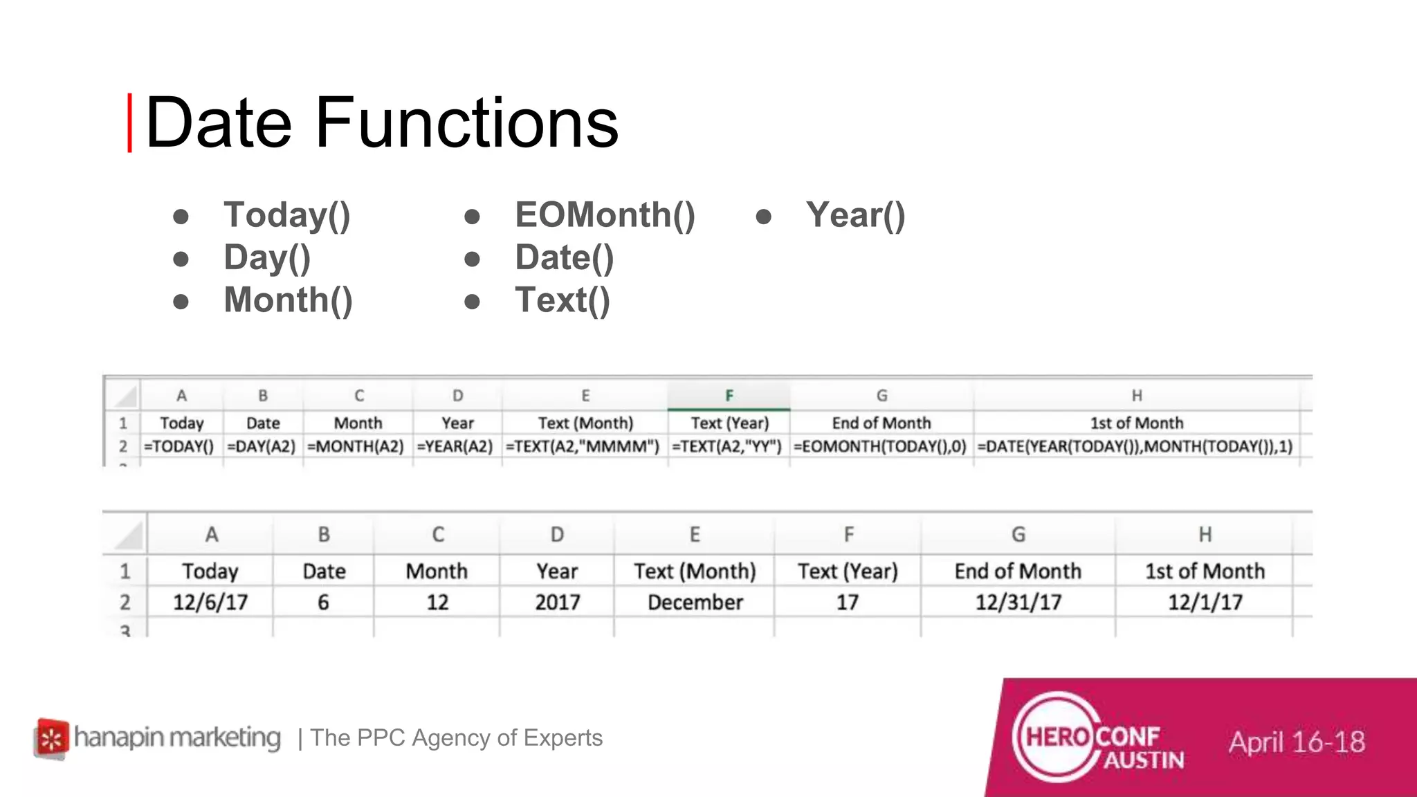 Date Functions
● Today()
● Day()
● Month()
| The PPC Agency of Experts
● EOMonth()
● Date()
● Text()
● Year()
 